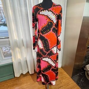 Vintage 60s maxi dress, Via Appia Italy, pink, orange, black, yellow, size 8/10
